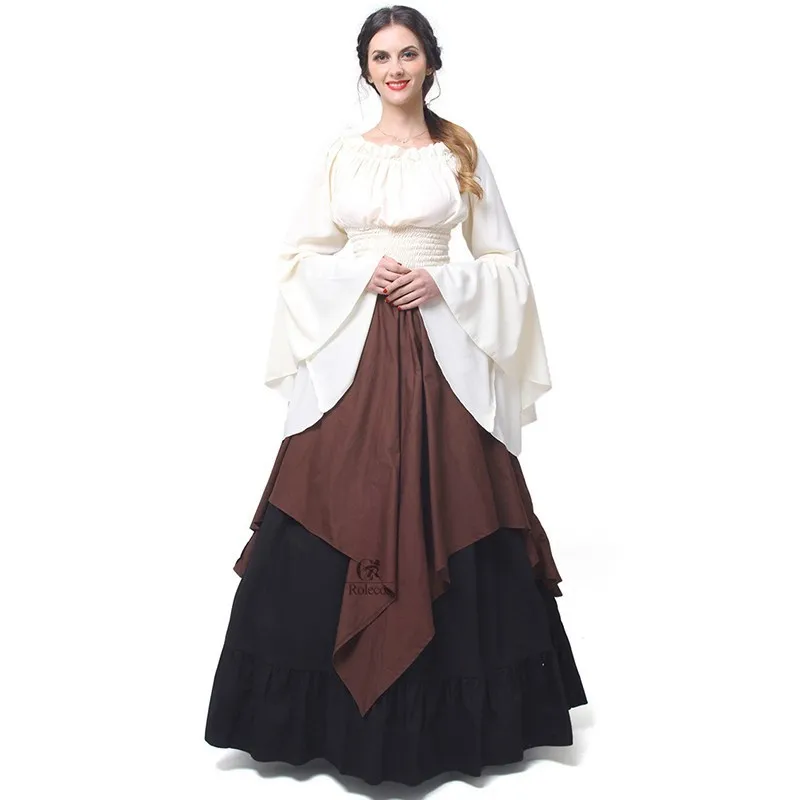 Renaissance Vintage Victoria Medieval Costume Women Halloween Cosplay Full Sleeve Waist Bandage Patchwork Dress Party