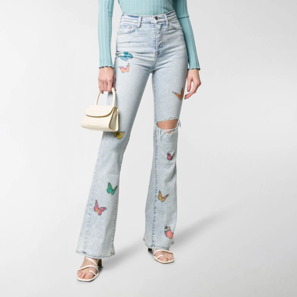 Джинсы женские Стрейчевые с принтом бабочки рваные узкие брюки из денима дырками