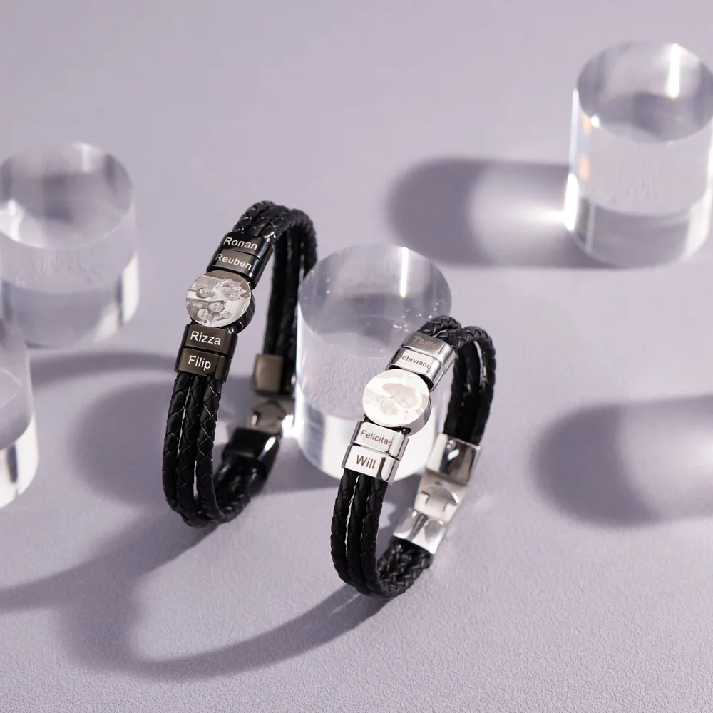 Triple Leather Braided Bracelet with Stainless Steel Family Photo Round Charm Bracelet for men | Blank or Custom Logo with Laser