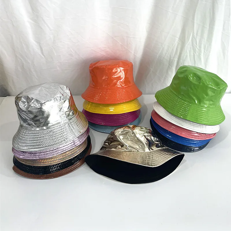 2023 wholesale Unisex  solid color blank patent leather PU rain hats waterproof bucket hat fashion