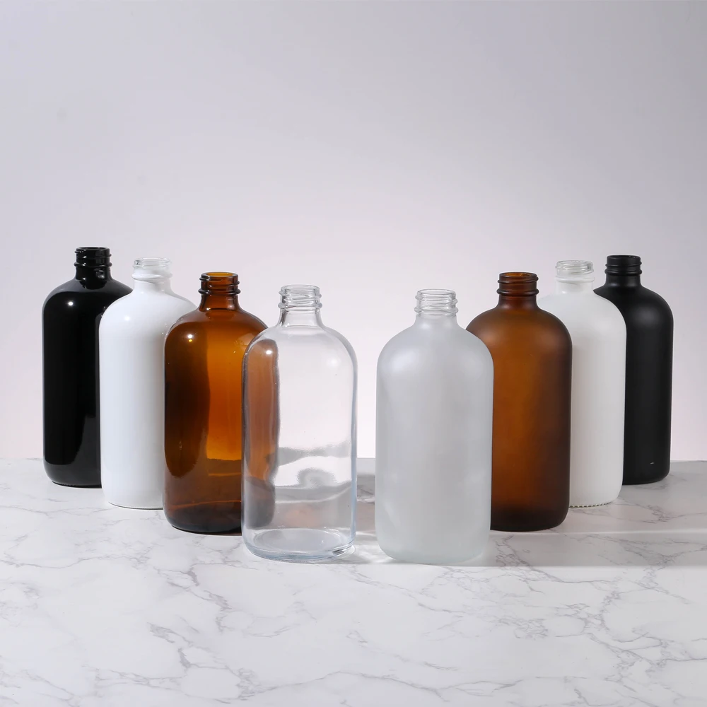 Factory Price Amber Frosted Boston Shampoo Round Glass Bottles Clear Boston Bottle With Lotion Pump Factory China