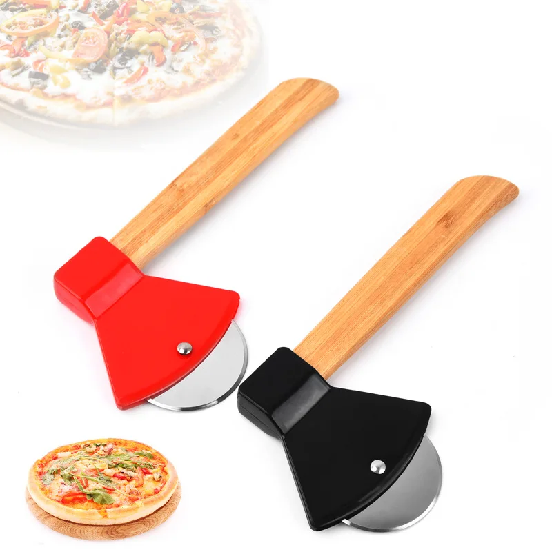 High Productivity Slicer Handle New Design Stainless Steel Axe Wood Pizza Cutter Wheel Logo Customized