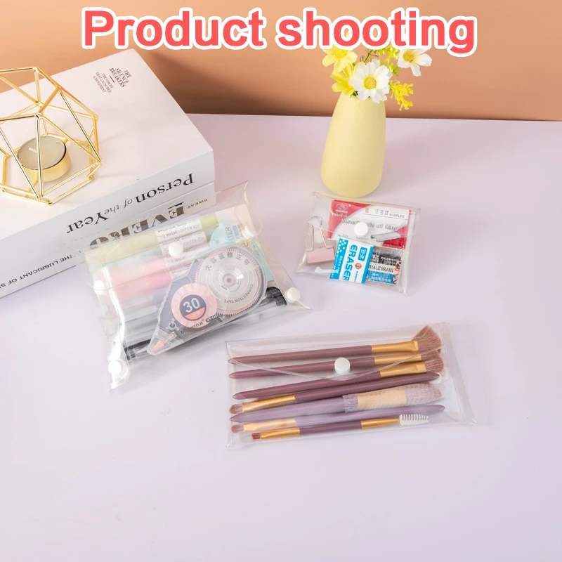 Four Sided Open Button Style PVC Pencil Bag With Multifunctional Transparent Storage Bag Customized Printing Pattern Clear Pouch