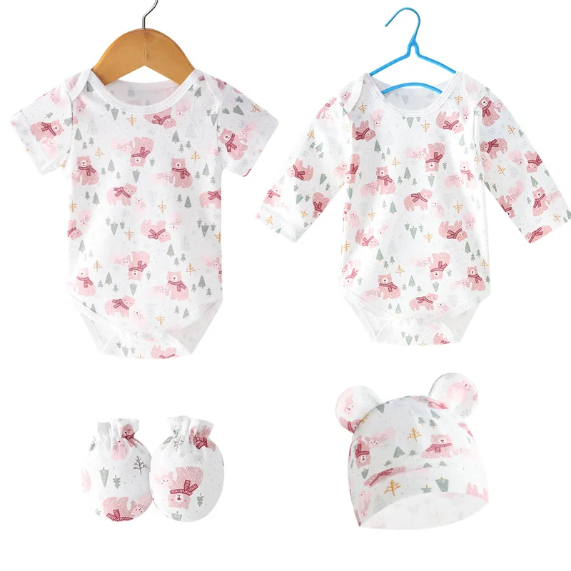 Wholesale Newborn   0-6M  Short/Long Sleeved Rompers+Infant Gloves+Toddler Caps Solid Colored Clothes  4pcs Sets for Baby