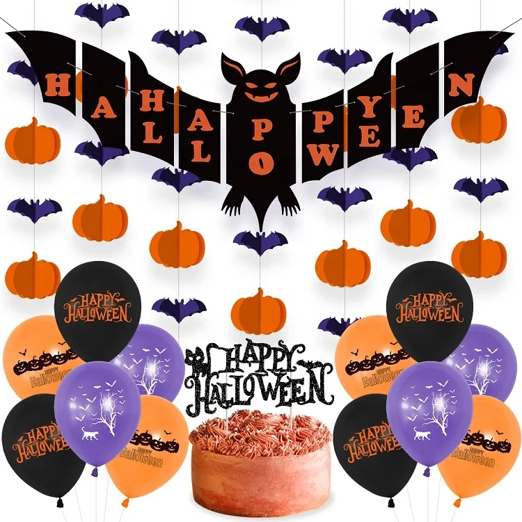 Umiss Paper Halloween Party Decoration Supplies include Bat Banner Bat Pumpkin Paper String Customization Balloons Cake topper
