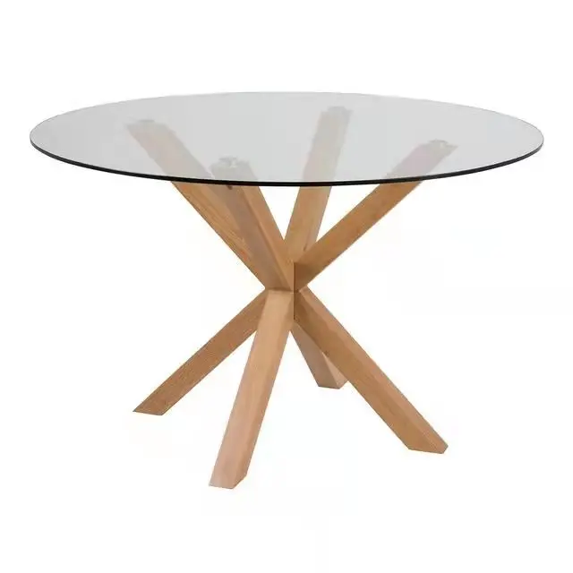 Factory Price Modern Stylish Clear Glass Cross Wood Base Dining Table Home Furniture Round Dining Table