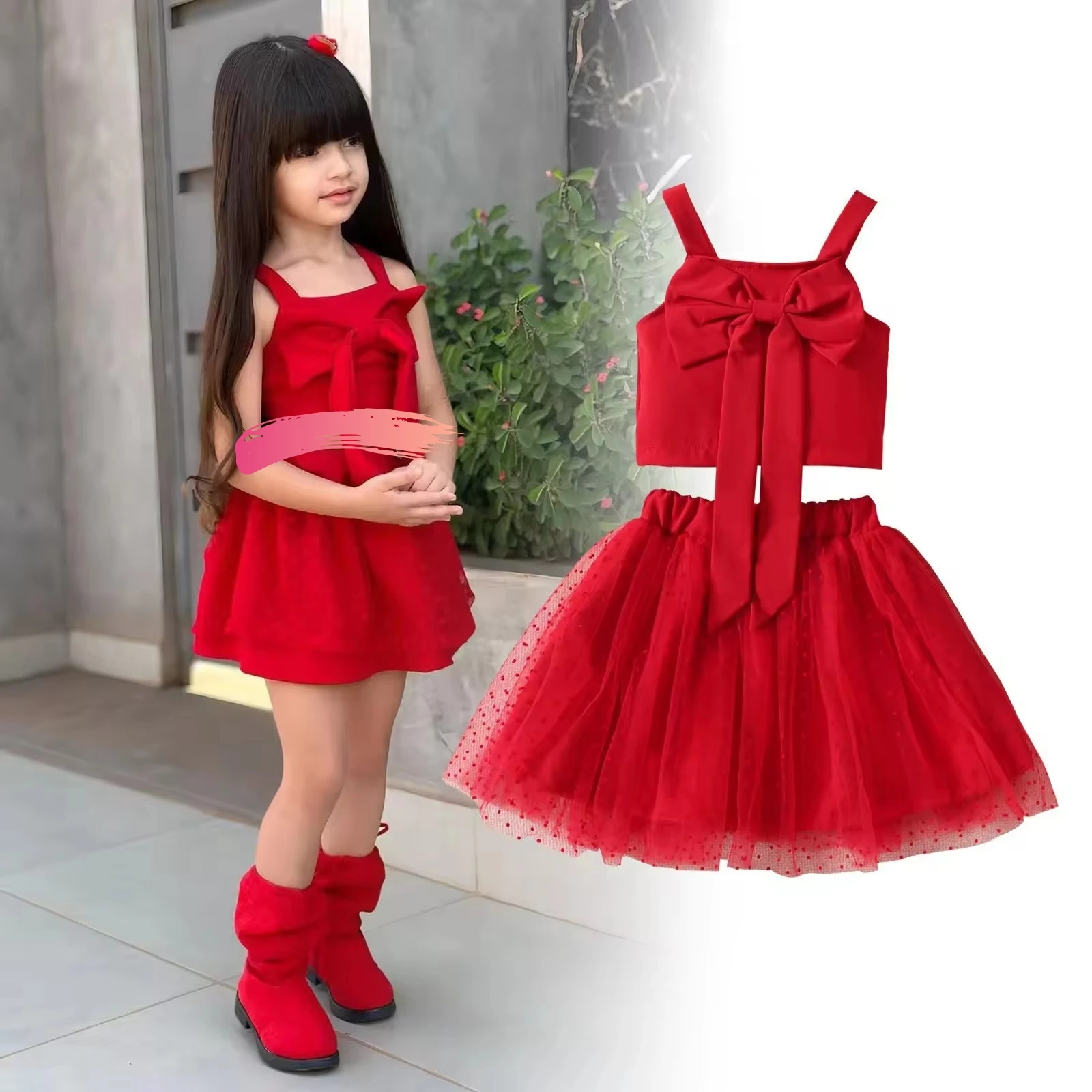 2024 Newest Children Summer 2pcs Suits Slip Top+Tulle Skirt Bow Princess Girls Clothing Sets