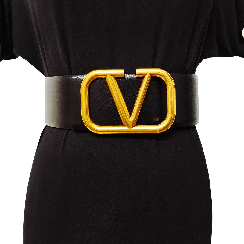 Luxury Brand High Quality Designer With Alloy Slide Buckle 7cm Wide Reversible V Letter Leather Belt
