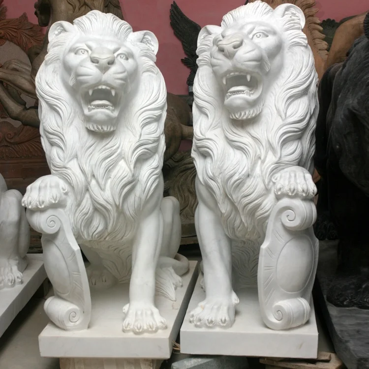 Life size hot selling sunset red marble stone lion sculpture for square bank company