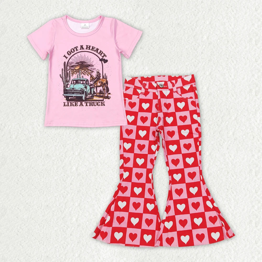 GSPO1365 New In stock valentines outfits kids Girl clothes Pink short sleeve top red denim bell bottom pant western boutique set