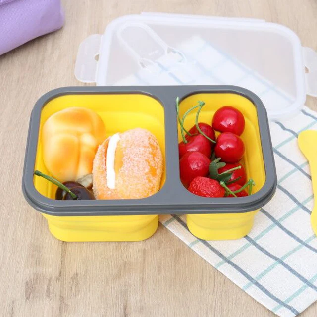 2 Compartments Silicone Bento Lunch Box Collapsible Food Storage Containers Portable Lunch Boxes With Fork and Spoon For Kids