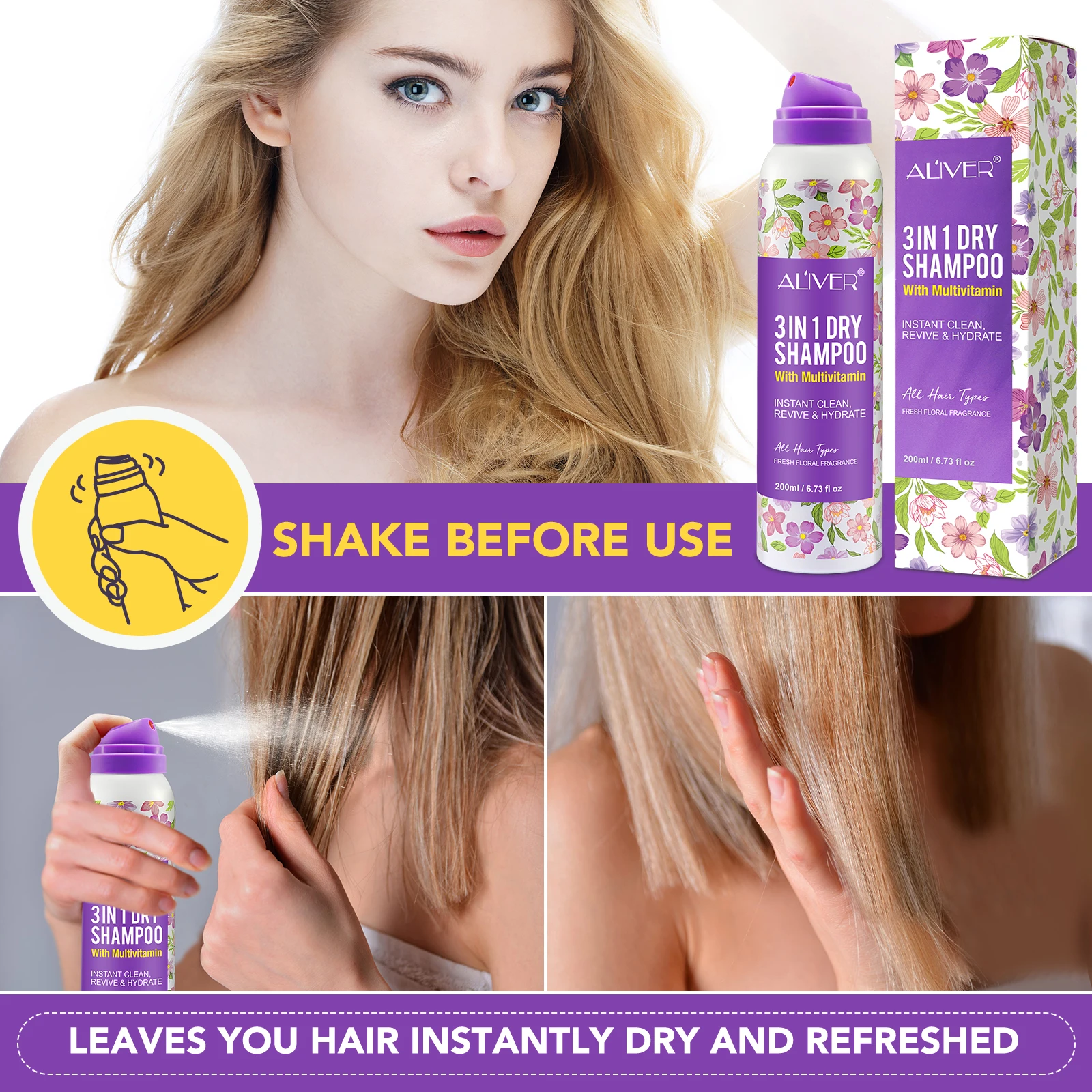 ALIVER 3 In 1 Multivitamin Dry Shampoo Spray Powder Natural Argan Oil Fresh Floral Fragrance Dry Hair Shampoo Spray For Women