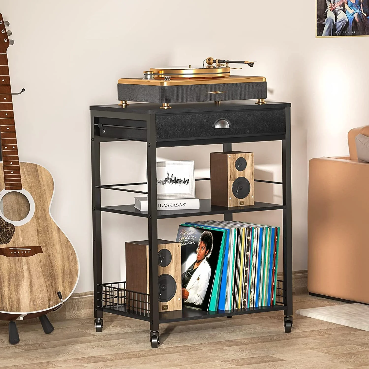 OEM Vinyl Record Storage 3 Tier Retro Furniture Powder-Coated Carbon Steel Record Player Stand
