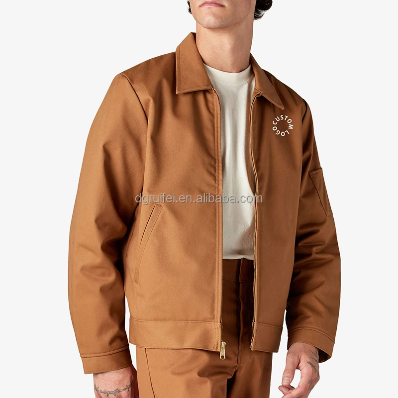 Custom Logo Hand Pockets Turn Down Collar Zip Up Lined Utility Twill Cotton Canvas Workwear Heavy Cotton Work Jacket for Men