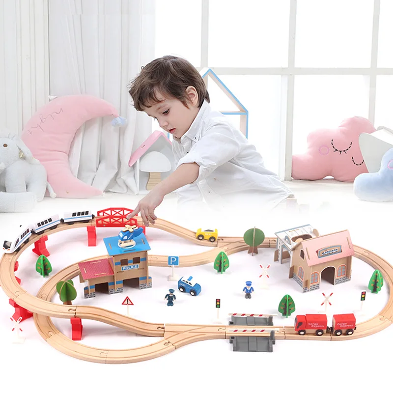 CMC Wooden Train Toys 88PCS For Kids Model Cars Puzzle Building Slot Track Train Track Set Diy Montessori Children Toy