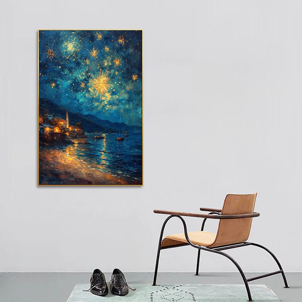 Guanjun 40*60cm Impressionism Night Sky Landscape Oil Painting On Canvas Framed Wall Picture