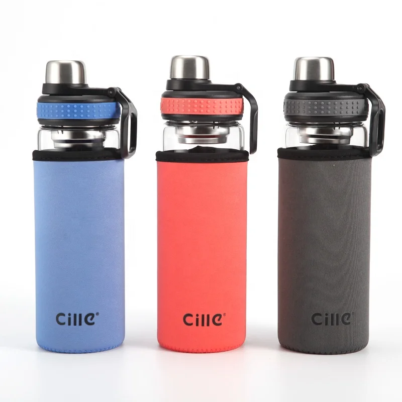 Cille, 850 мл, пользовательская Мода, прозрачная бутылка для воды из боросиликатного стекла HBG с крышкой из нержавеющей стали и колбой