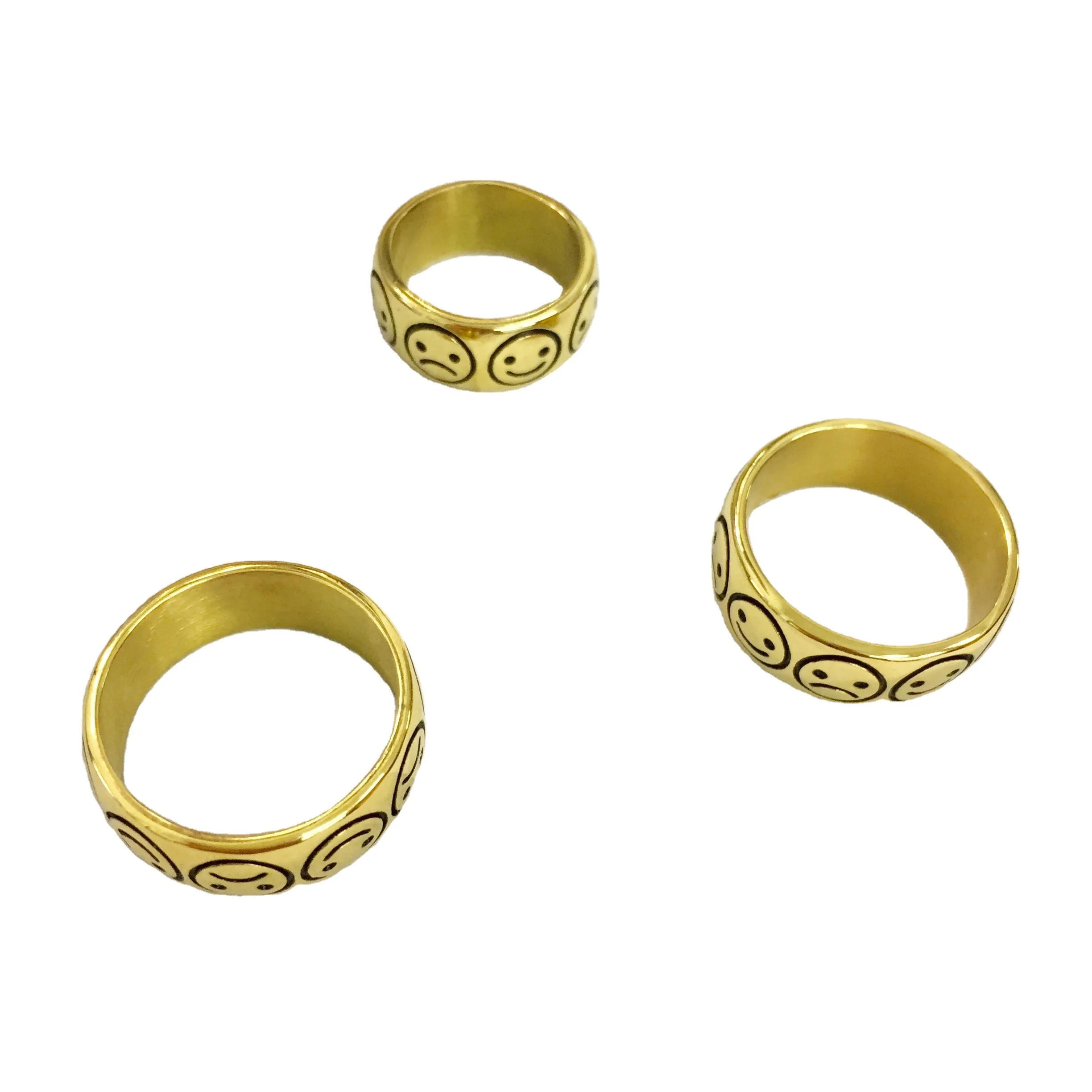 
QY Design Classical Style Steel Gold Plated Band Rings For Happy & Sorrowful Face 