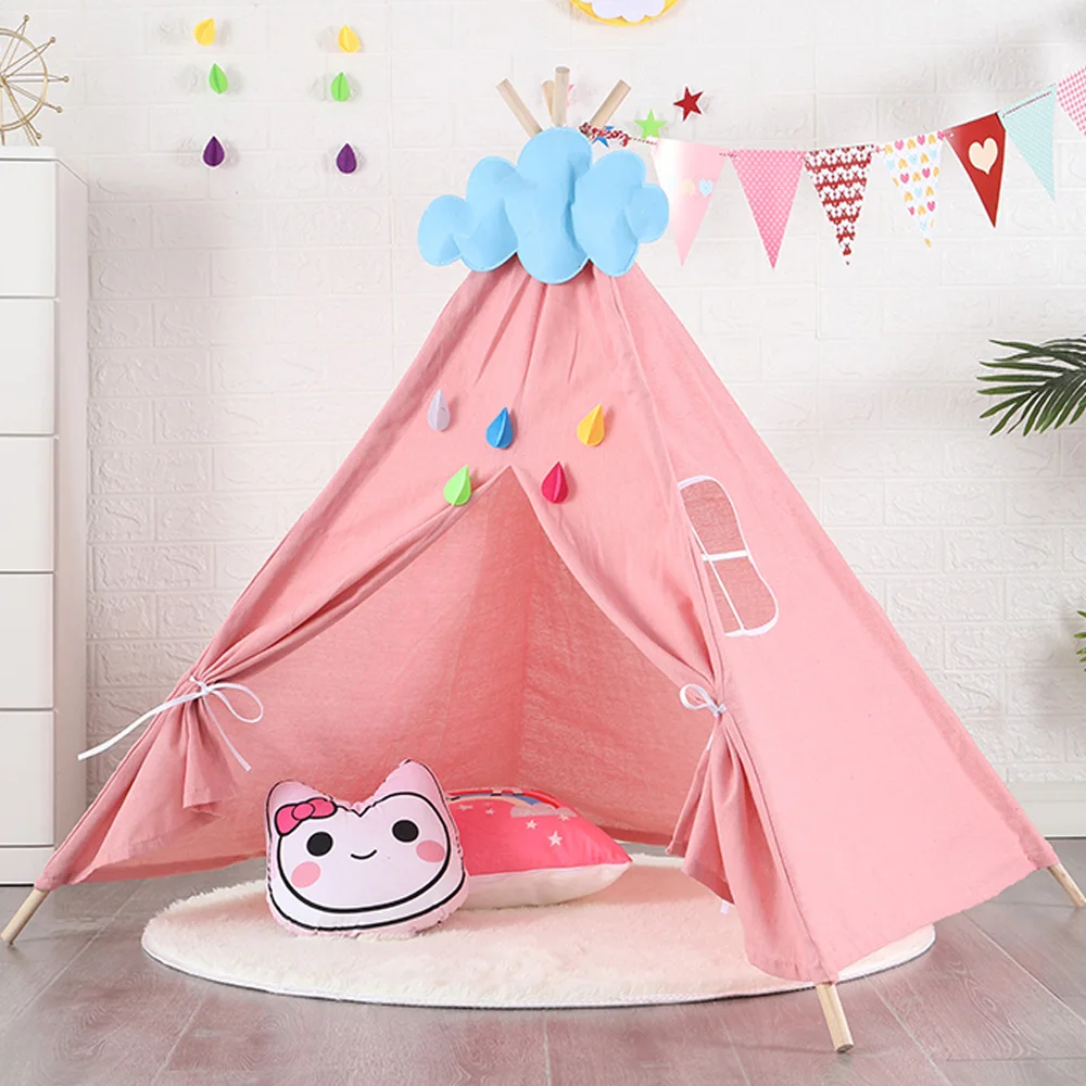 Wholesale Indoor Cute Foldable Playhouse Hairball Cotton Canvas kids Gift Wood pole Toy Tent
