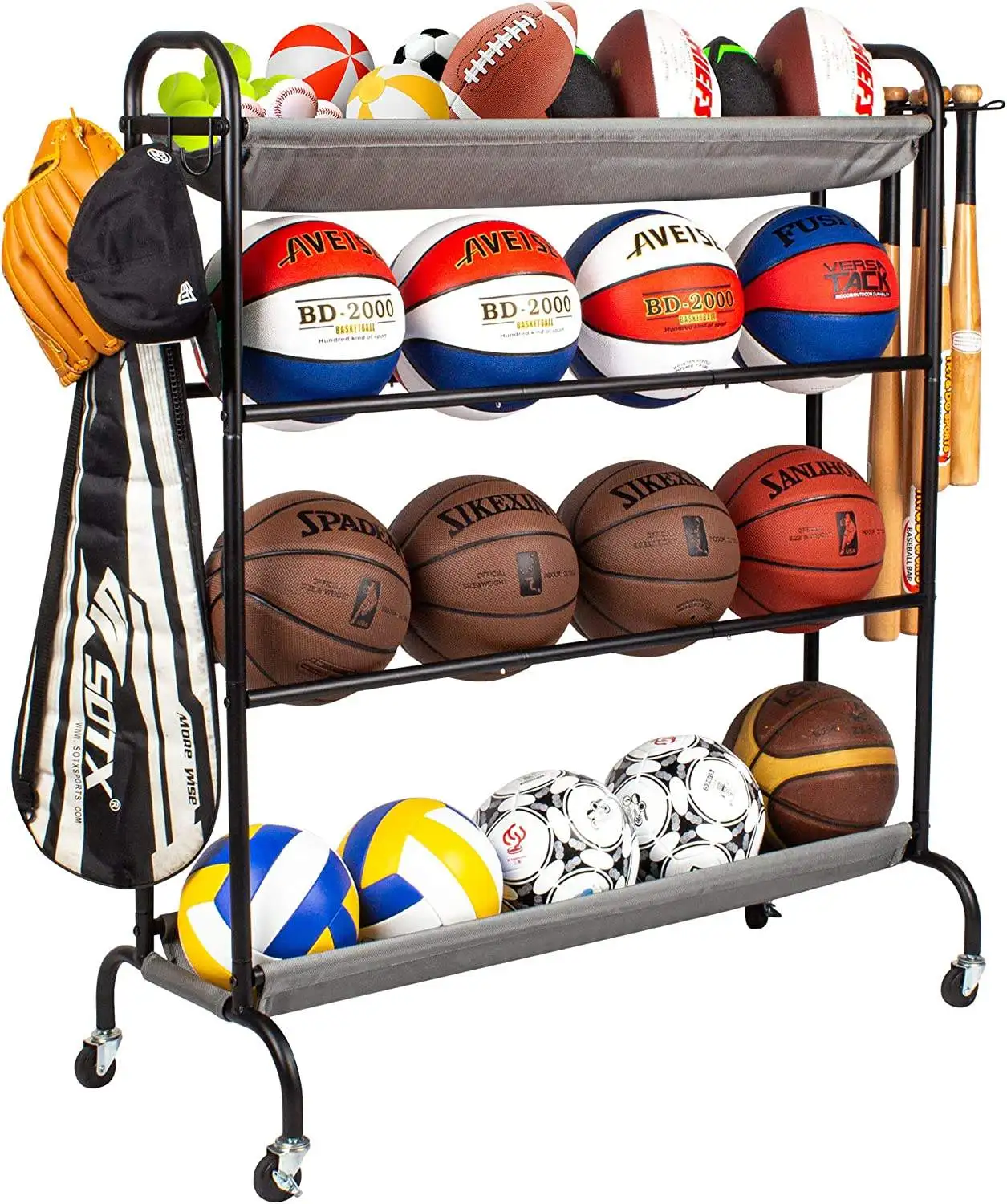 Garage Ball Storage Stand 4-Layer Ball Rack Rolling Balls OrganizerSport Equipment Storage Cart with Wheels