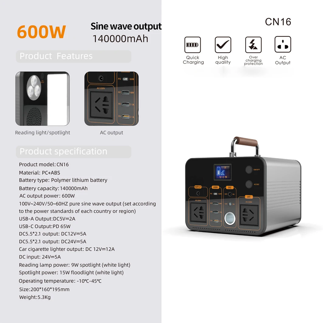 Portable Power Station 600W  500WH Solar Generator 110V Pure Sine Wave AC Outlet Backup Lithium Battery