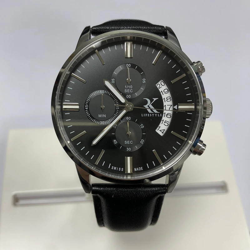 3ATM Water Resistant Genuine Leather Strap 43mm Stainless Steel Case Japan Movement Chronograph Watch