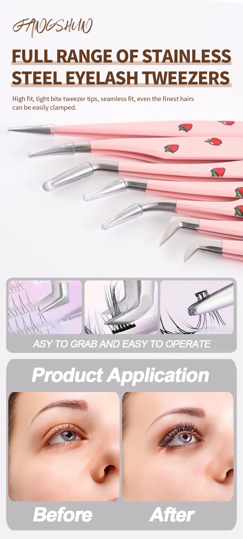 Print Logo Nano Grip Microfiber Eyelash Tweezers Pink 7Pcs Volume Lash Extension Fiber Tips Tweezers Set