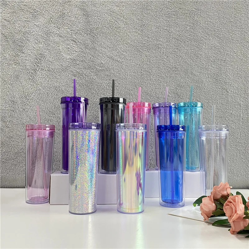 wholesale 16oz Clear Insulated Straight Tumblers Reusable Double Wall Skinny Plastic Cups Mug Water Bottles With Straw and Lids