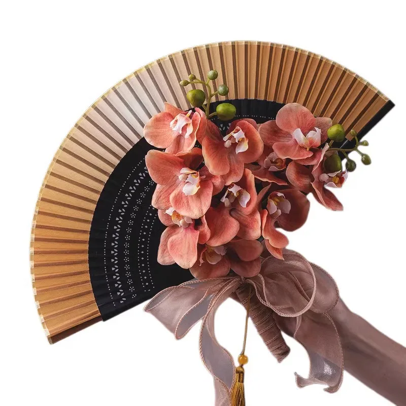 Wedding Ancient Style Wedding Welcome Morning Robe Fan New Chinese Bride Photography Props Phalaenopsis Orchid Folding Fan