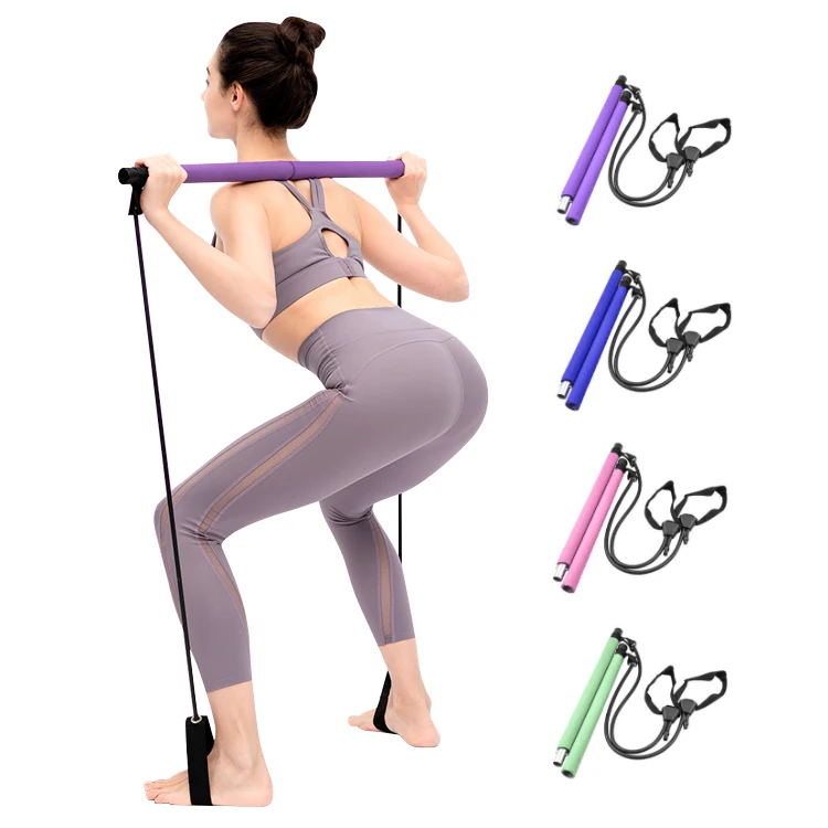 Portable Yoga Trainer Pilates Bar Kit Fitness Exercise Adjustable Pilates Stick Foot Strap Resistance Band Adjustable