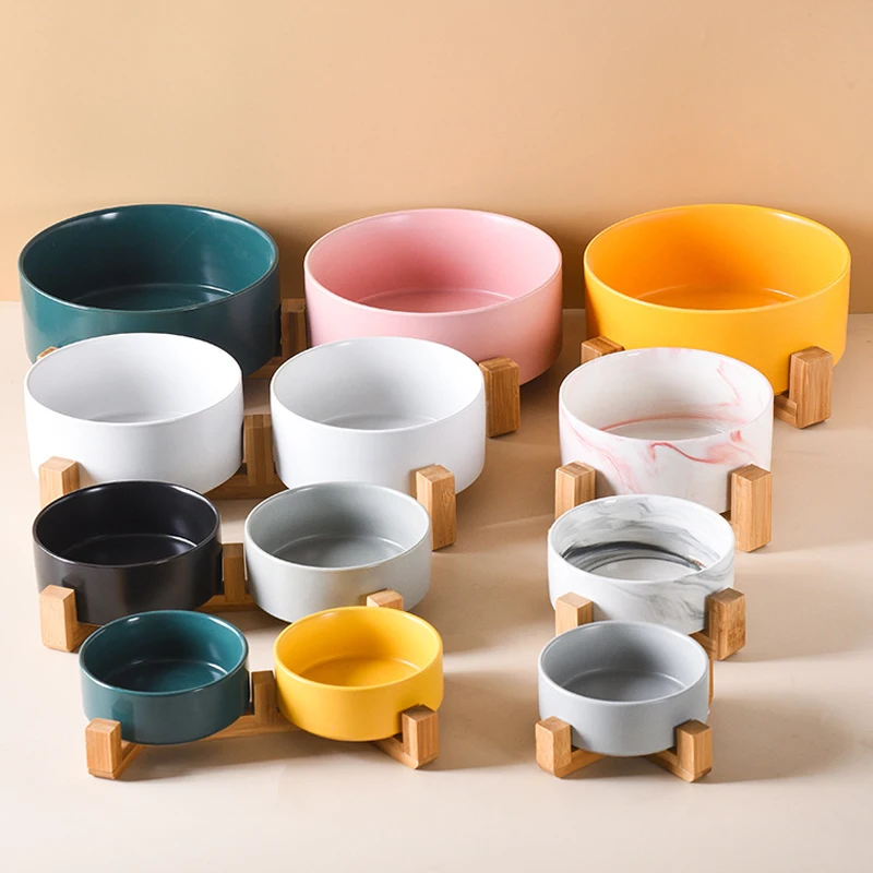 Custom Ceramic Single/Double Dog Feeder Wood Stand Protection Cervical Vertebra Food Water Prevent Tipping Bowls
