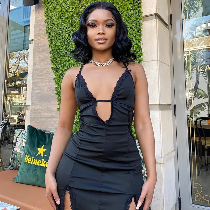 J3570 high quality elegant sexy bandage lace hollow out black slit backless strap sleeveless bodycon ladies dresses