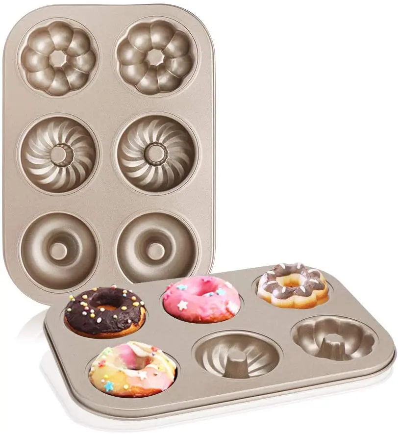 New 6 holes Gold Color Carbon Steel Nonstick Cake Donut Mold for Home, Kitchen Metal Donut Baking Donut Mold