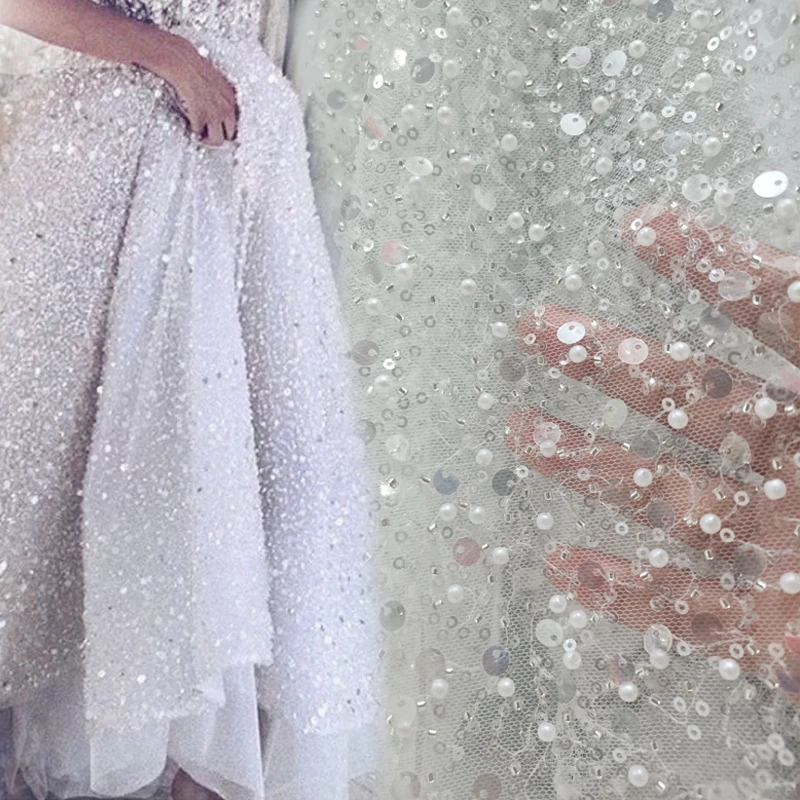 
Hot Sale Crystal Sequins Bridal Luxury Beads Sequins Lace Wedding Tulle White Beaded Lace Fabric 