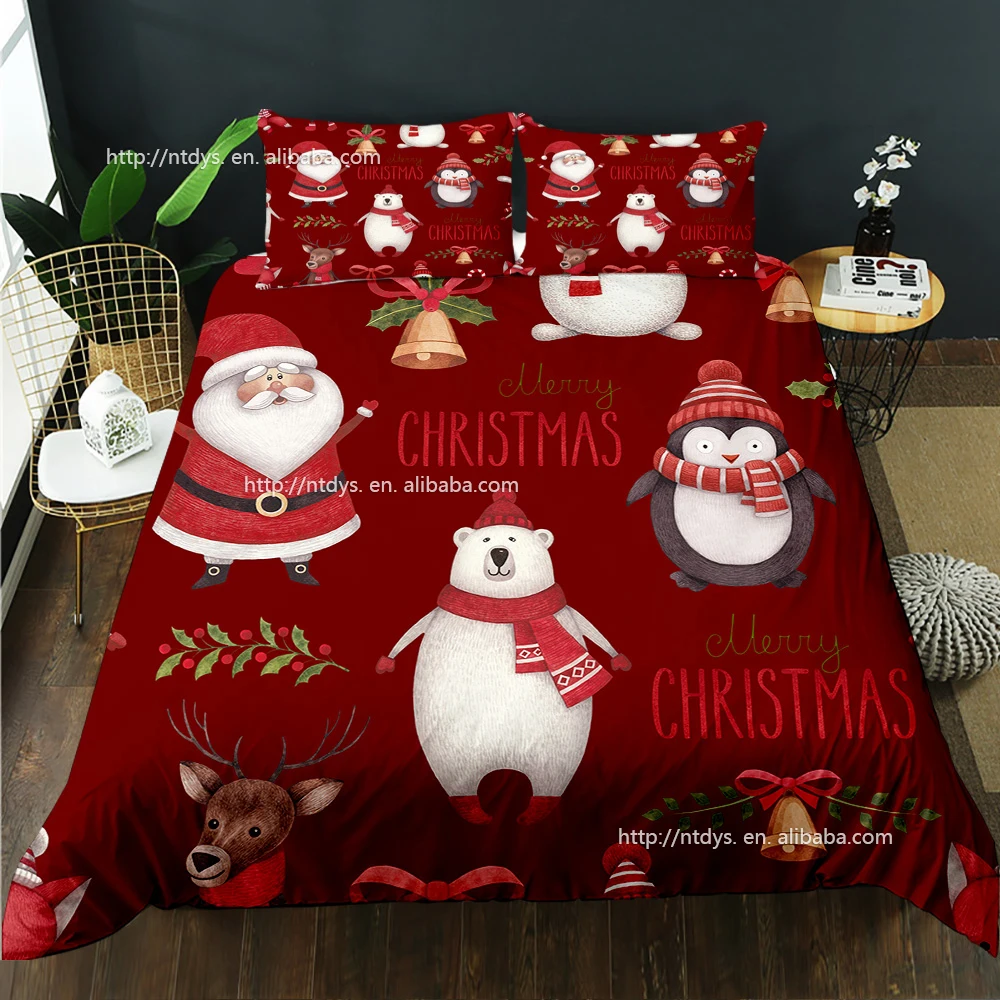 Red Santa Claus Christmas bedding festive gift polyester duvet cover set