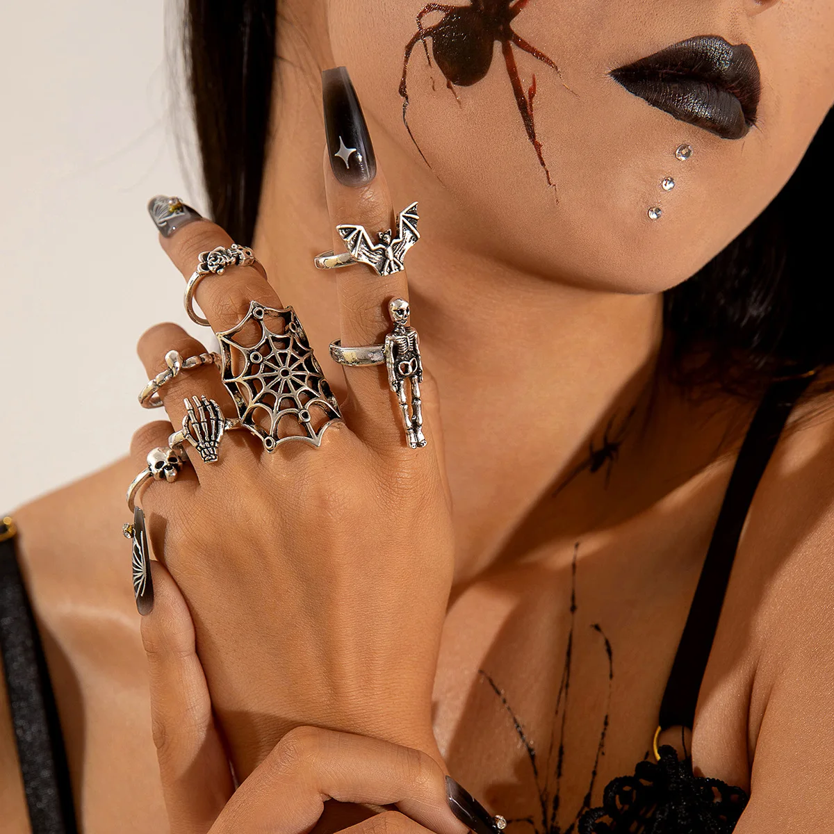 Dark skull ring set punk style spider snake animal ring set Halloween