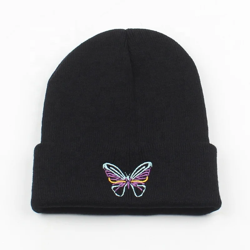 Autumn Fashion Butterfly Hat Knitted Embroider Outdoor Warm Hat Pure Color Simple Women Hair Accessories Couples Beanie