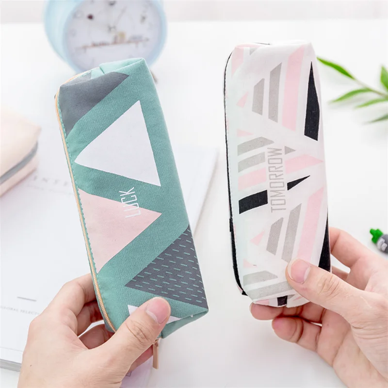 Colored Canvas Storage Pouch Gift Marker Geometric Canvas Student Pen Pencil Case Simple Stationery Bag Holder For Student