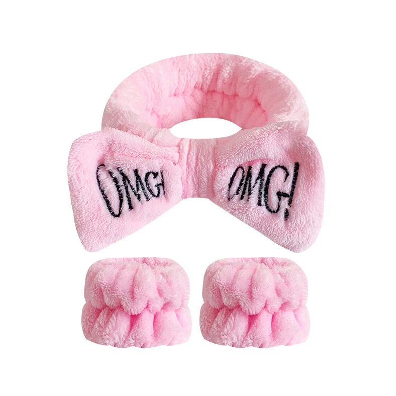 XIXI Wholesale Girls Cute Flannel Spa Headband Wrist Washband Face Wash Set OMG Letters Bow Makeup Facial Headbands