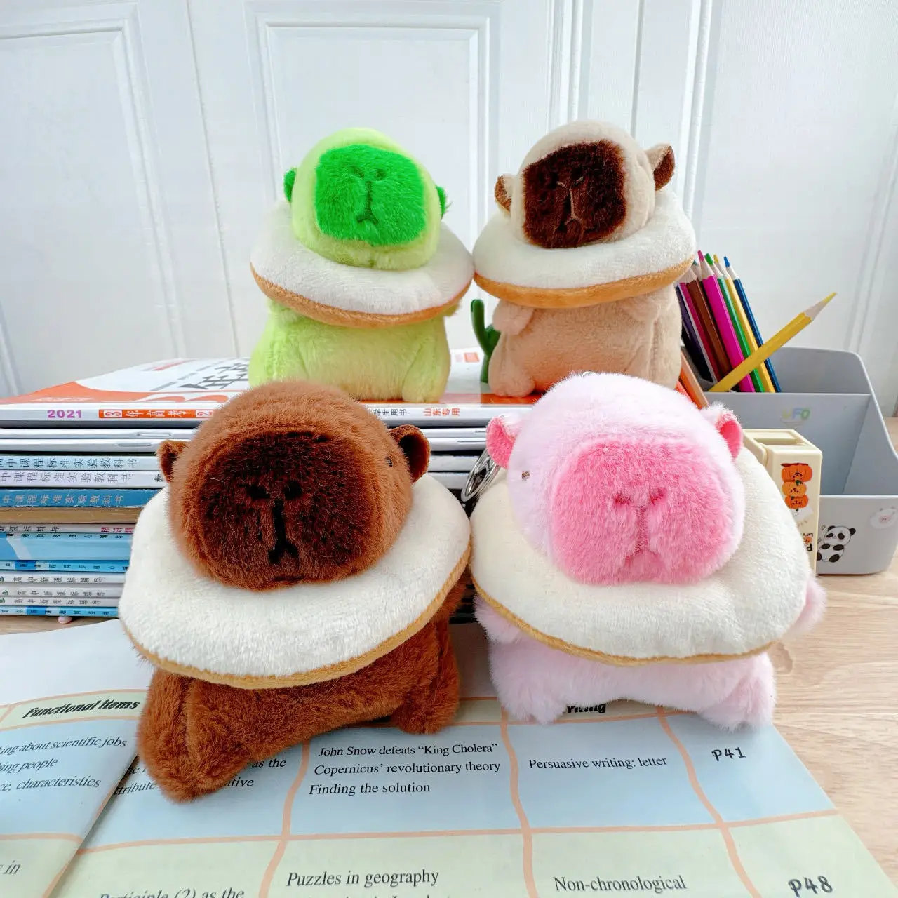4 colors 100 designs 2025 Cartoon Cute Soft Stuffed Animal Toy Graduation Capybara Plush Keychain with Caps