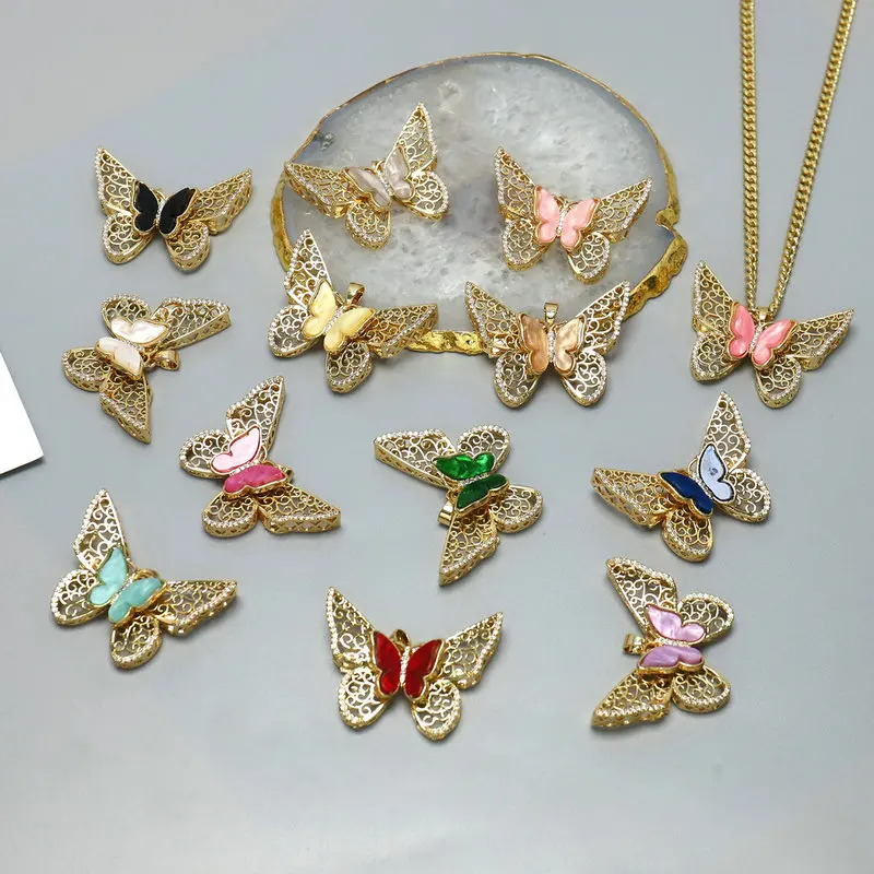 Gold Plated Zircon Wings Brass Acrylic Butterfly Beautiful Charm Pendant For Necklace Making