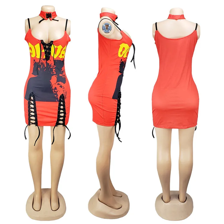 
0320M888 Wholesale Suspender Ladies Casual Summer Sexy Fashion Eyelet Straps Bandage Elegant Short Women Clothing Club Dresses 