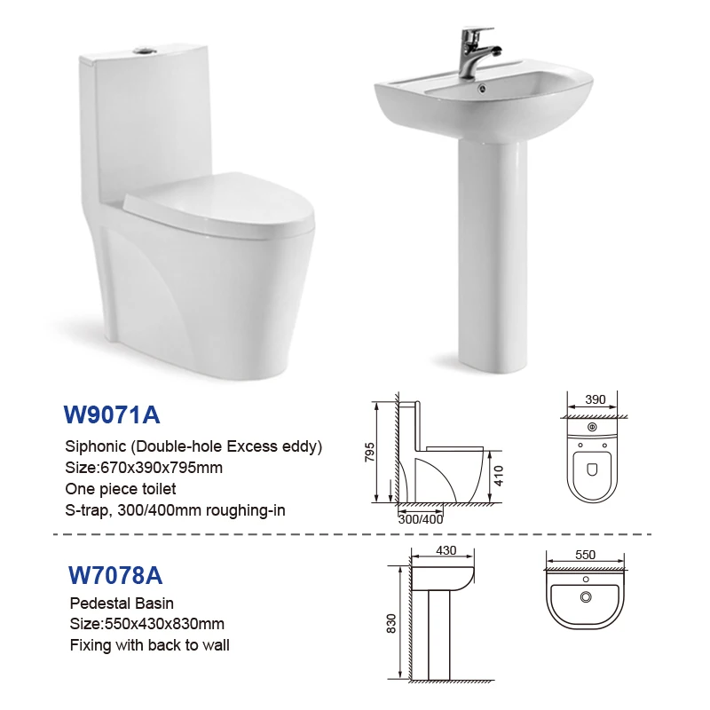 One Piece Toilet Floor Mounted Siphonic Wc and Pedestal Wash Hand Basin Bathroom Set