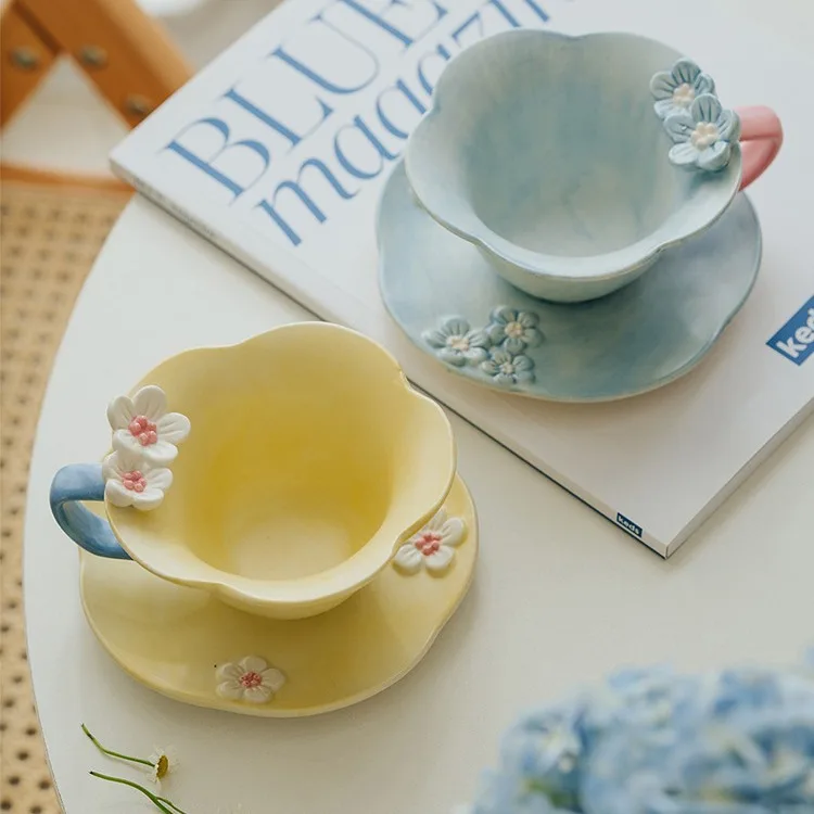 High face value simple Korean petal Coffee cup dish set matte hand-painted three-dimensional relief Mug wholesale