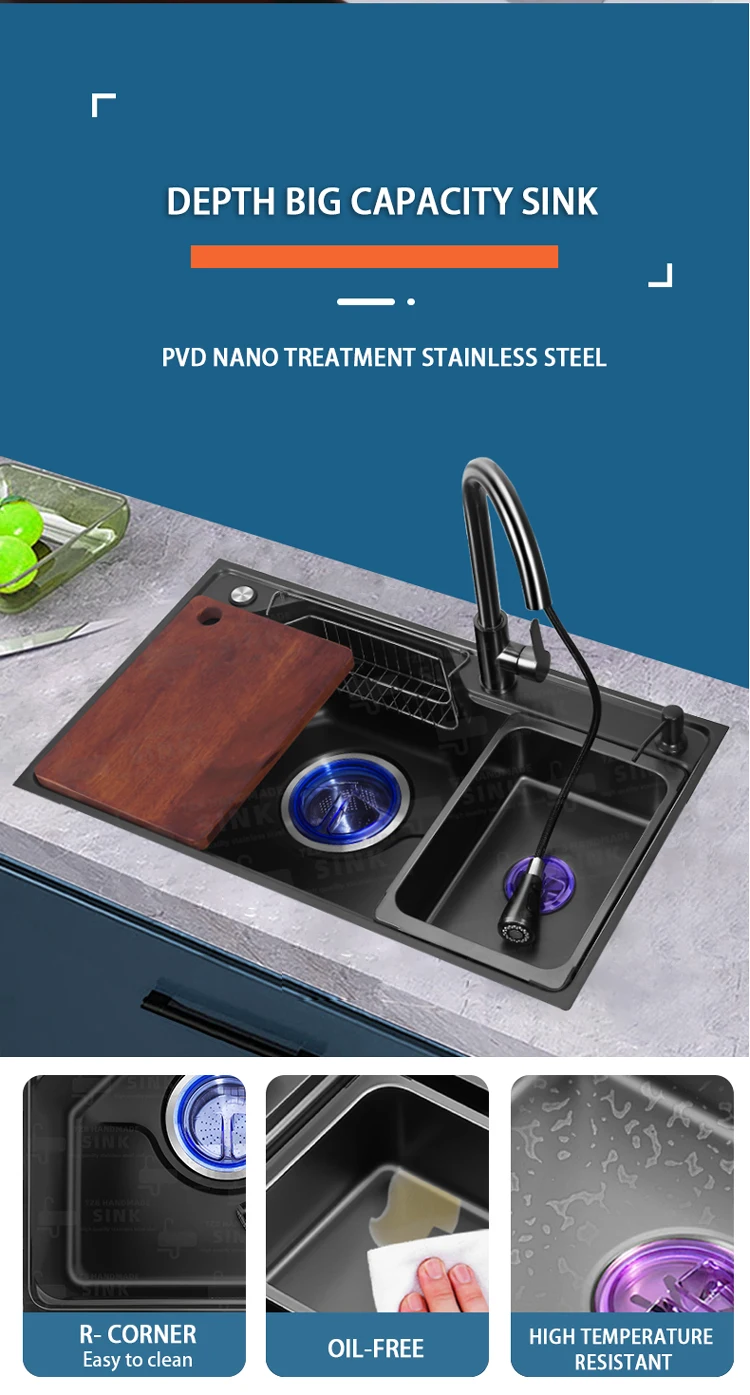 Apartment Nano Stainless Steel Handmade Sinks Dish Drainer Rack Basket Big Holes Drainage Smart Modern Kitchen Sink