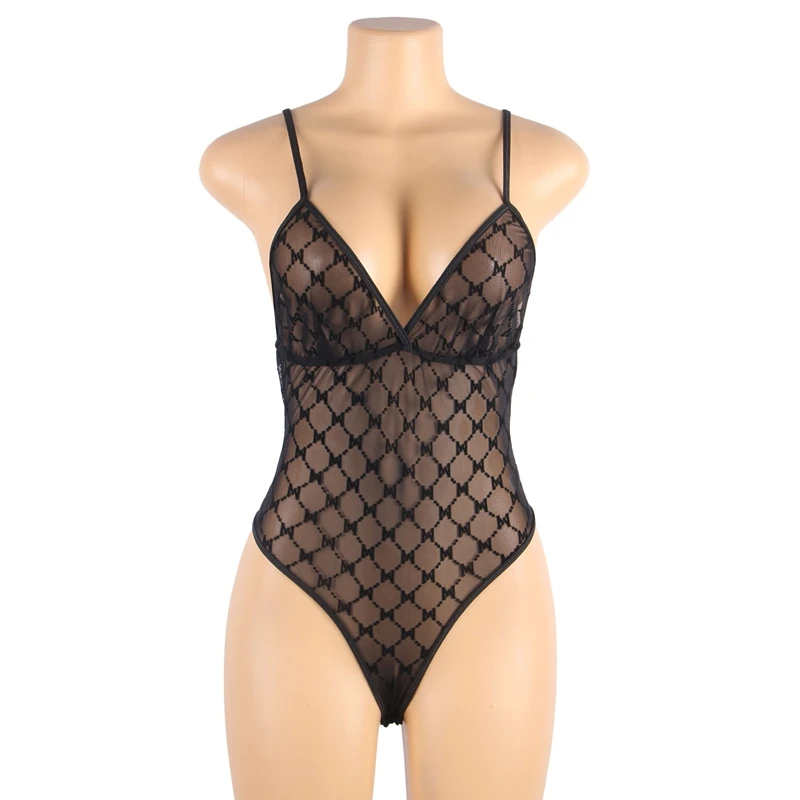 ODM Logo Package Box Black Plaid Pattern Wholesale Plus Size Lingerie Bodysuit Elegant Transparent Sexy Lingerie For Women