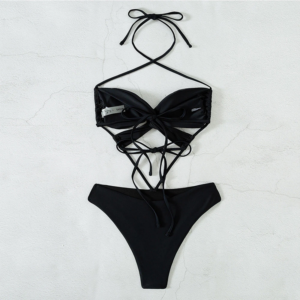 Skimpy Teen Bikini Swimwear For Girl Black Cross-Lacing Cut-Out One-Piece Swimsuit