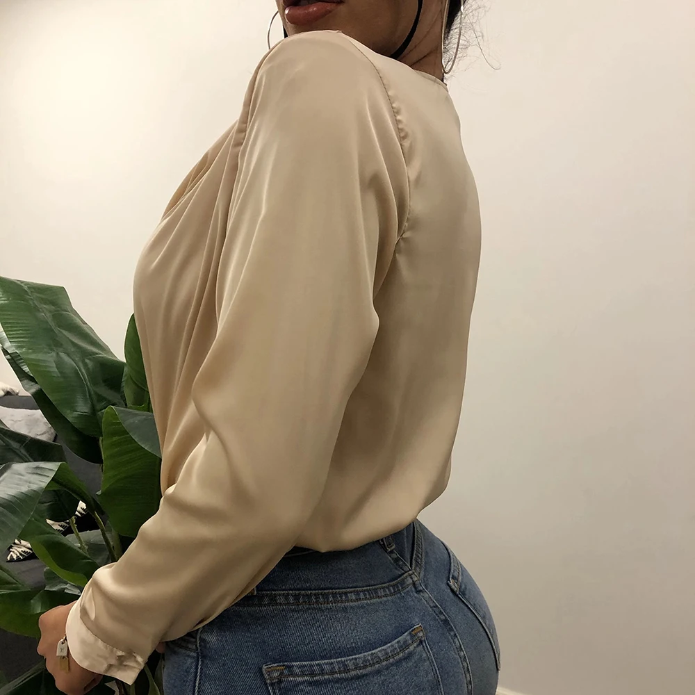 
V-neck Sexy Club Elegant Solid Women One Piece Tops Long-sleeve Solid Color Woman Satin Blouses Shirts 