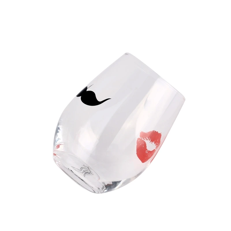 Machine Blown Stemless Egg Shape Clear Glass Cup Soft Drinks Glass With Moustache And Lipstick Pattern Decal Printing