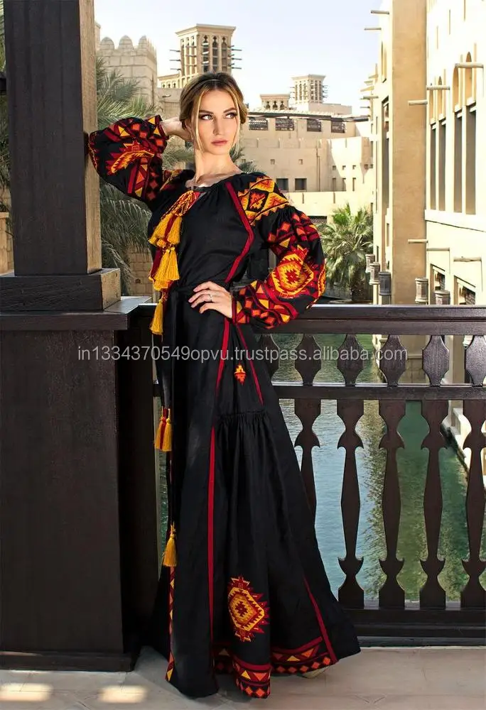 Forest Song Black Ukrainian Embroidered Bohemian Style Folk Ethnic Women Dress With Ancient Geometric Ornament Abaya Kaftan Robe